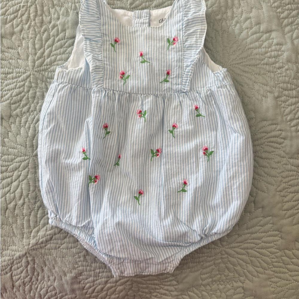 Little Me Blue and White Striped Diaper Cover with Pink Floral Embroidery
